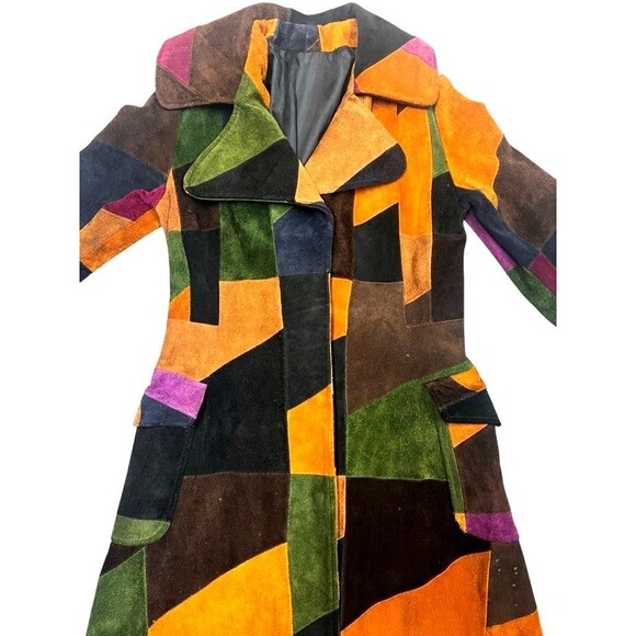 Vintage 70's Leather Suede Patchwork Hippie Boho Snap Button Long Jacket Coat 12 - Picture 9 of 16